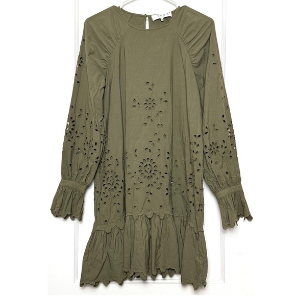SEA NEW YORK Floral Eyelet Cotton Poplin Long‎ Puff Sleeve Ruffle Hem Dress XS - Picture 3 of 10